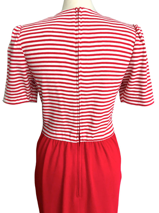 80s Red & White Striped Sailor Hourglass Dress, Nautical Tulip Button Down Skirt Rockabilly Wiggle Bombshell Gold Buttoned Dress w/ Pockets
