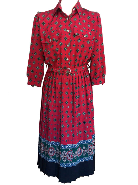 80s Strawberry Red & Green Pleated Dress, Geometric Pattern Shirtwaist Career Secretary Dress, Filigree Buttons Collared Belted Midi Dress M