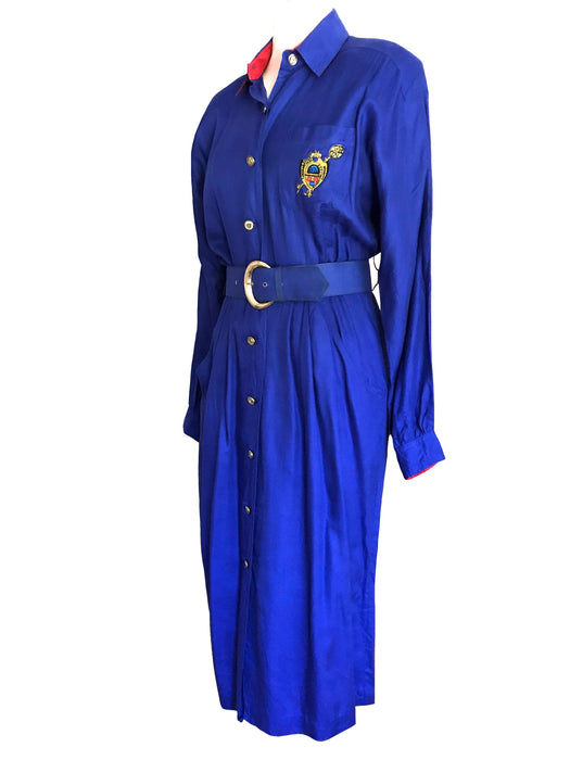 80s Royal Electric Blue Rayon Militaria Dress, Patch Belted Career Secretary Day Dress, Red & Blue Long Sleeve Power Button Down Shirt Dress