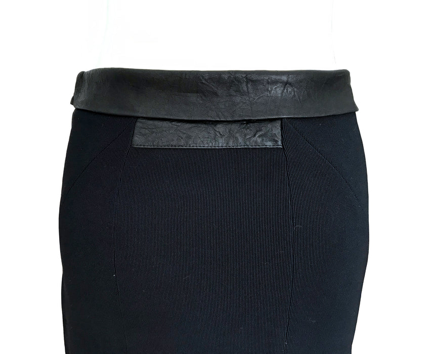 Black Bodycon Ribbed Skirt Nappa Leather Trim, Stretchy Tube Fitted Pencil Knee-Length Grunge Skirt, Sexy Secretary Office Career Skirt sz S