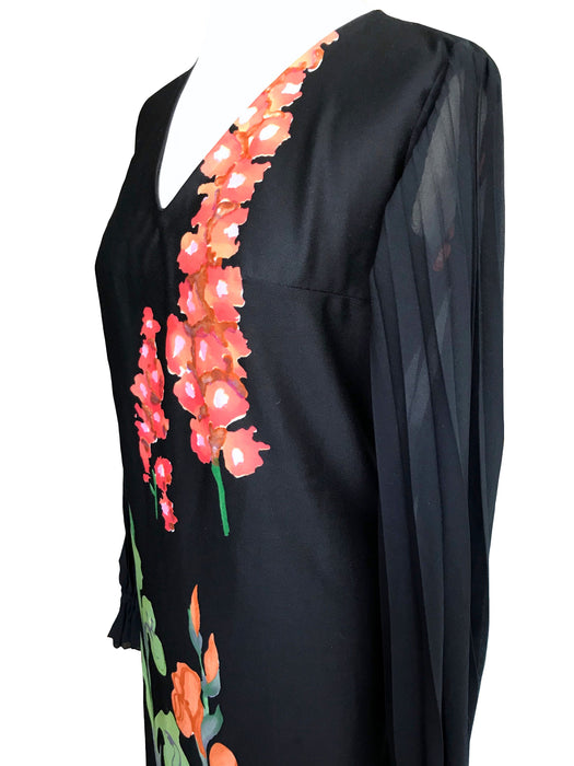 80s Black Bold Floral Sheer Pleated Sleeves Dress, A-Line Cocktail Party Wedding Guest Dress, pink Green Orange Purple Floral Tea Dress sz M