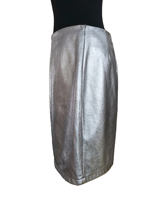 Faux Leather Silver Metallic Pencil Mini Skirt, Disco Party Hippie Rave Festival Shirt, Halloween Xmas New Year Glam Silver Shimmer Skirt L