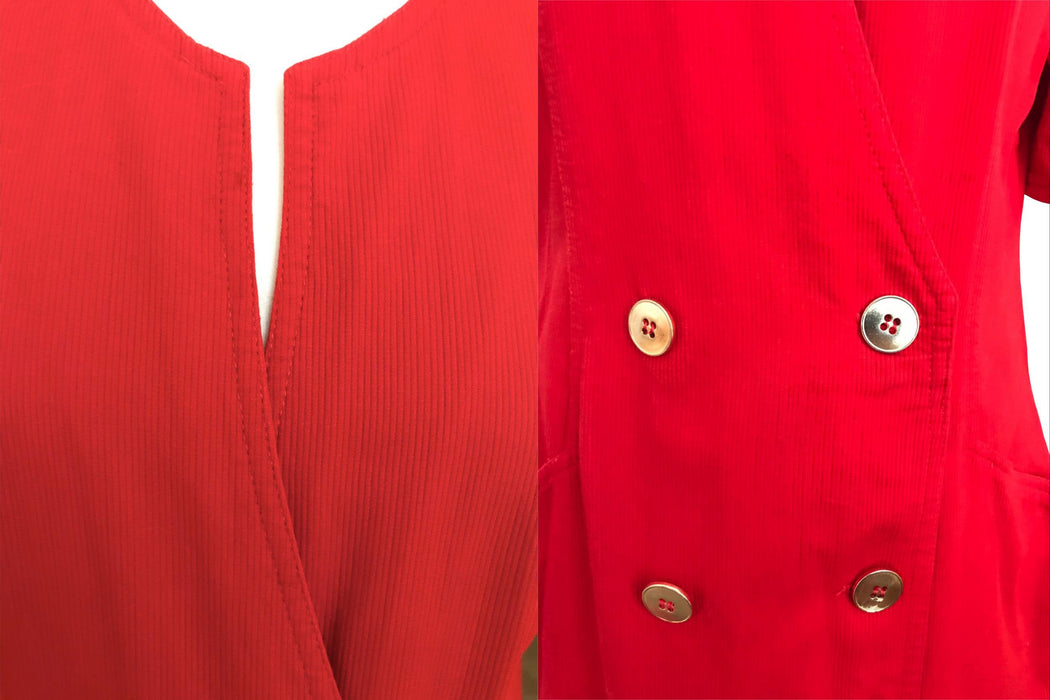 80s Signal Red Parisian Wiggle Power Dress, Ribbed Cotton Secretary Career V-neck Puff Sleeve Golden Buttons Day Sheath Double Breast Dress