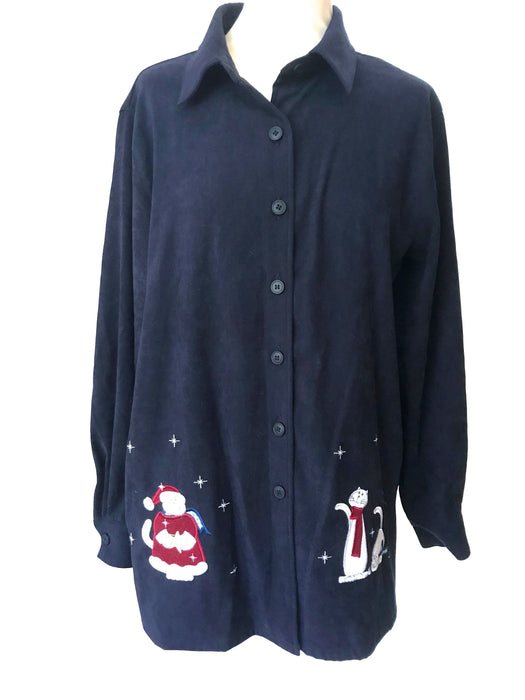 90s Xmas Ugly Button Shirt, Unisex Navy Blue Red with Applique Santa & Cats Patchwork Details Oversize Top L, Xmas Shirt for Crazy Cat Lady