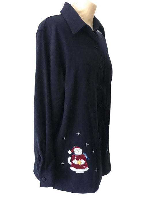 90s Xmas Ugly Button Shirt, Unisex Navy Blue Red with Applique Santa & Cats Patchwork Details Oversize Top L, Xmas Shirt for Crazy Cat Lady