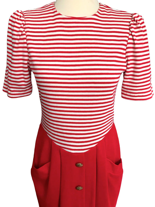 80s Red & White Striped Sailor Hourglass Dress, Nautical Tulip Button Down Skirt Rockabilly Wiggle Bombshell Gold Buttoned Dress w/ Pockets