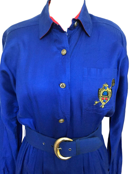 80s Royal Electric Blue Rayon Militaria Dress, Patch Belted Career Secretary Day Dress, Red & Blue Long Sleeve Power Button Down Shirt Dress