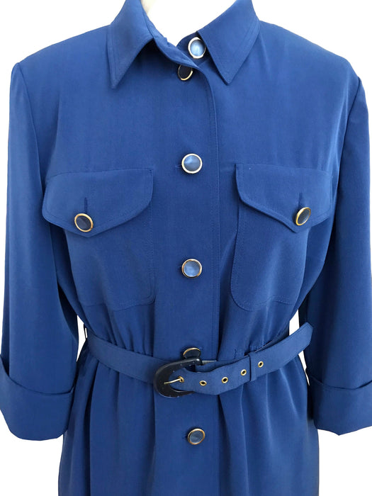 80s Teal Petrol Blue Urban Day Dress, Military Style Button Down Dress, Combat Dress Pockets & Belt, Career Secretary Business Shirt Dress M