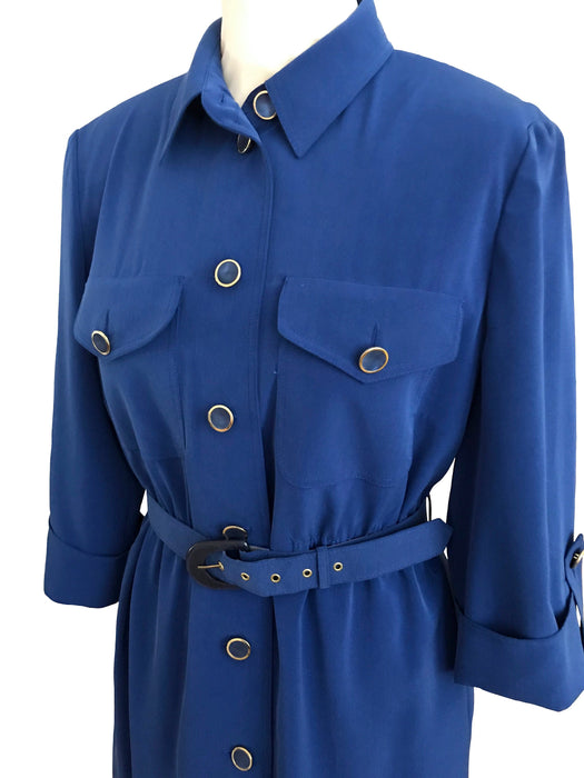 80s Teal Petrol Blue Urban Day Dress, Military Style Button Down Dress, Combat Dress Pockets & Belt, Career Secretary Business Shirt Dress M