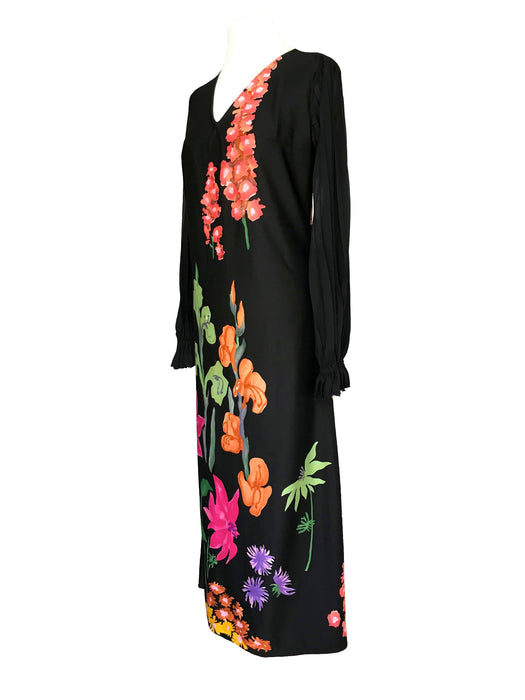 80s Black Bold Floral Sheer Pleated Sleeves Dress, A-Line Cocktail Party Wedding Guest Dress, pink Green Orange Purple Floral Tea Dress sz M