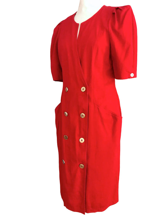 80s Signal Red Parisian Wiggle Power Dress, Ribbed Cotton Secretary Career V-neck Puff Sleeve Golden Buttons Day Sheath Double Breast Dress