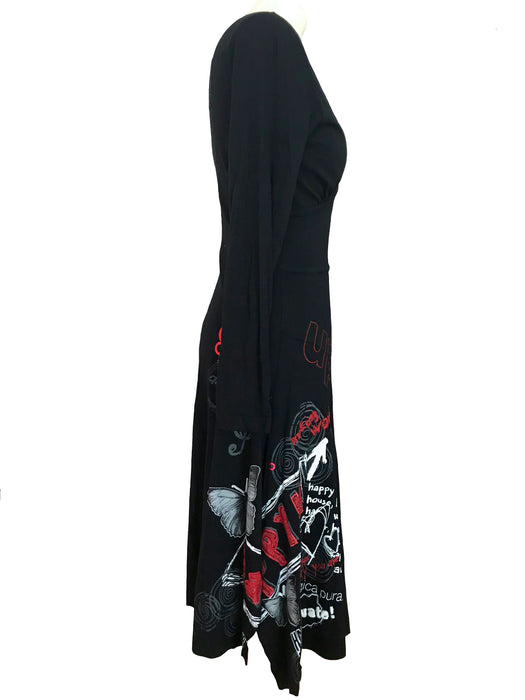 Desigual Black Cotton Jersey Skater Circle Dress, Asymmetrical Handkerchief Hem Appliqued Embroidered Hipster Urban Hippie Deep V-Neck LBD S