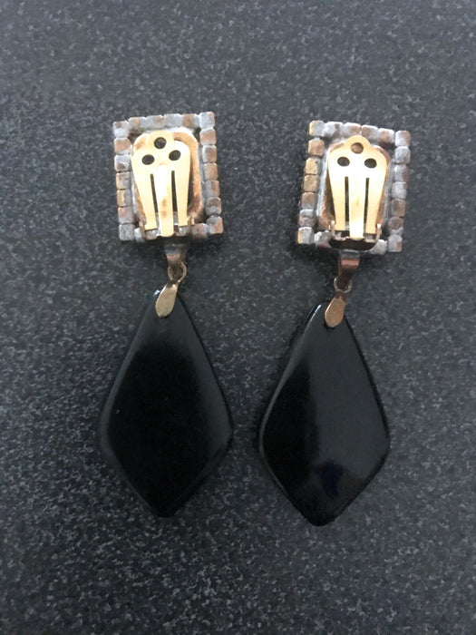 Black & White Carved Glass Cameo Xmas Earrings, Victorian Style Diamante Clear Rhinestone Earrings, Old Czech Dangle Handmade Clip Earrings