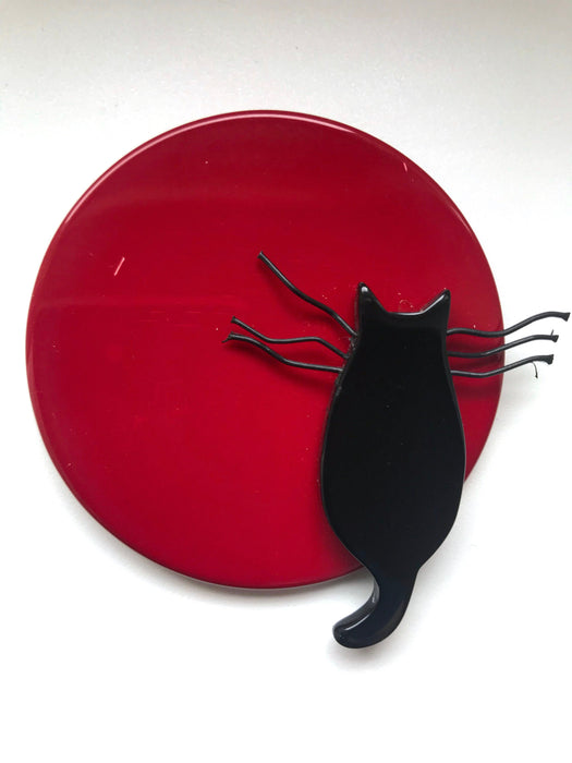 Marie-Christine PAVONE Galalith Cat Brooch, Handmade Red & Black Abstract Animal Brooch Pin, Rare Collectible French Designer Gift Brooch
