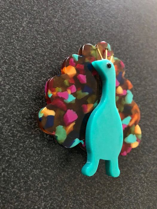 Marie-Christine PAVONE Galalith Peacock Brooch, Handmade Turquoise & Multicolor Animal Brooch Pin, Rare Collectible French Designer Gift Pin