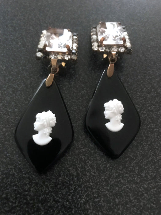Black & White Carved Glass Cameo Xmas Earrings, Victorian Style Diamante Clear Rhinestone Earrings, Old Czech Dangle Handmade Clip Earrings