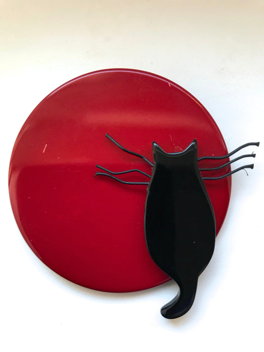 Marie-Christine PAVONE Galalith Cat Brooch, Handmade Red & Black Abstract Animal Brooch Pin, Rare Collectible French Designer Gift Brooch