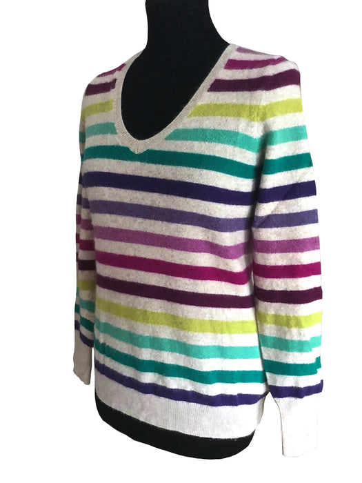 100% Thick Cashmere Striped Sweater Pullover, Rainbow Stripes Purple Pink Green Blue Teal Yellow Vintage Cashmere, V-Neck Cashmere Jumper M