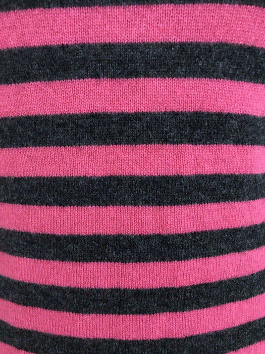 100% Cashmere Hot Pink & Charcoal Grey Striped Sweater, Vintage Cashmere Pullover, V-Neck Cashmere Nautical Sailor Style Street Jumper XS-S