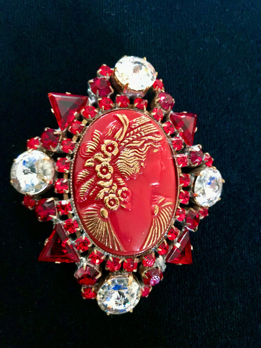 Victorian Style Old Czech HUGE CAMEO Hand Painted Glass Brooch, Red Gold & Clear Crystal Rhinestones Handmade Xmas Party Lapel Scarf Pin >3"