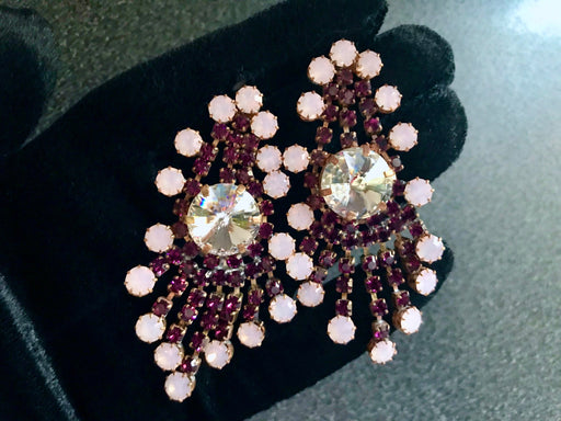 Art Deco Old Czech Glass Burgundy Red Pink Earrings, Xmas Dangle Drop Crystal Rhinestone Chandelier Puzett Mardi Gras Carnival Gift Earrings