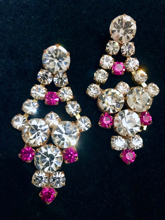 Art Deco Old Czech Glass Pink Clear Earrings, Easter Dangle Drop Crystal Rhinestone Chandelier Post Puzett Mardi Gras Carnival Gift Earrings