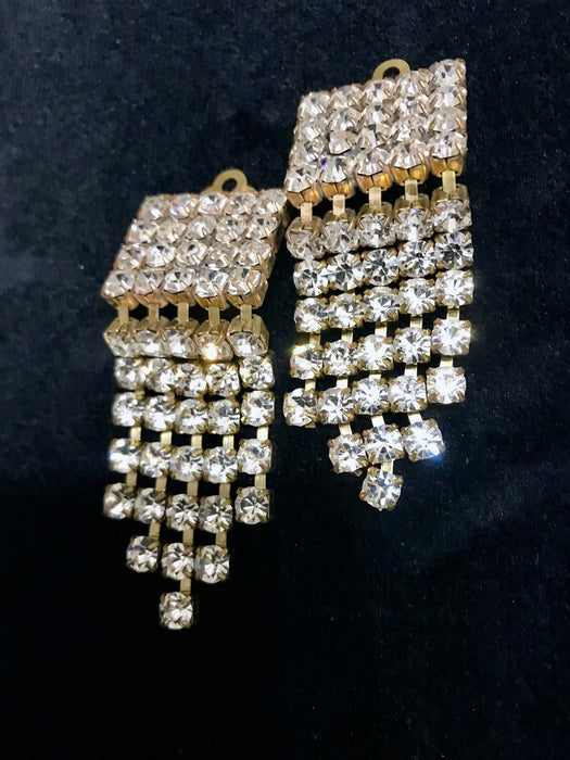 Art Deco Old Czech Glass Diamante Clear Earrings, Bridal Dangle Drop Crystal Rhinestone Chandelier Clip On Mardi Gras Carnival Gift Earrings