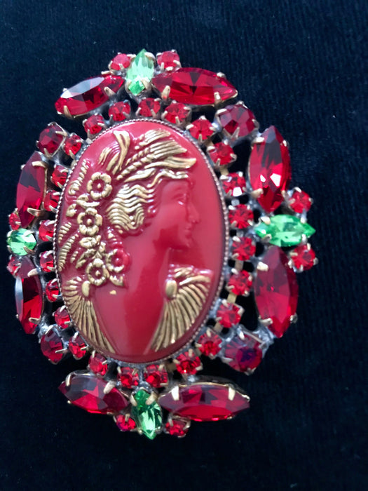 Victorian Style Old Czech HUGE CAMEO Hand Painted Glass Brooch, Red Green & Gold Crystal Rhinestones Handmade Xmas Lapel Scarf Pin >3"