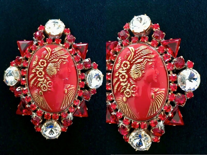 Victorian Style Old Czech HUGE CAMEO Hand Painted Glass Brooch, Red Gold & Clear Crystal Rhinestones Handmade Xmas Party Lapel Scarf Pin >3"