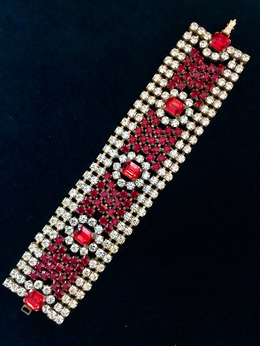 Art Deco Style Crystal Garnet Glass Bracelet, Old Czech Wedding Dazzling Diamante Link Bracelet, Red Evening Party Panel Gift Ball Bracelet