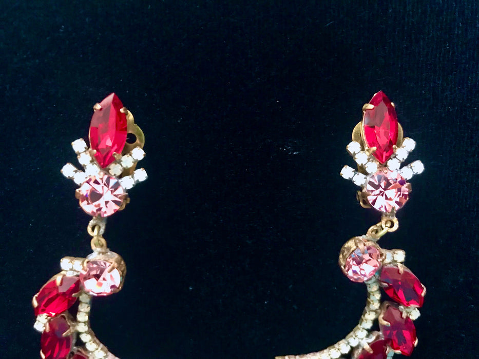 Art Deco Old Czech Glass Red Earrings, Crescent Moon Dangle Drop Crystal Rhinestone Chandelier Clip On Mardi Gras Carnival Gift Earrings
