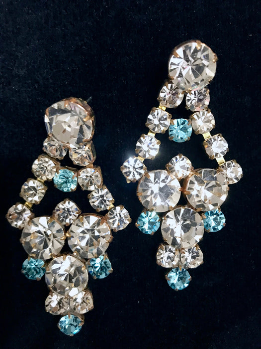 Art Deco Old Czech Glass Blue Clear Earrings, Easter Dangle Drop Crystal Rhinestone Chandelier Post Puzett Mardi Gras Carnival Gift Earrings