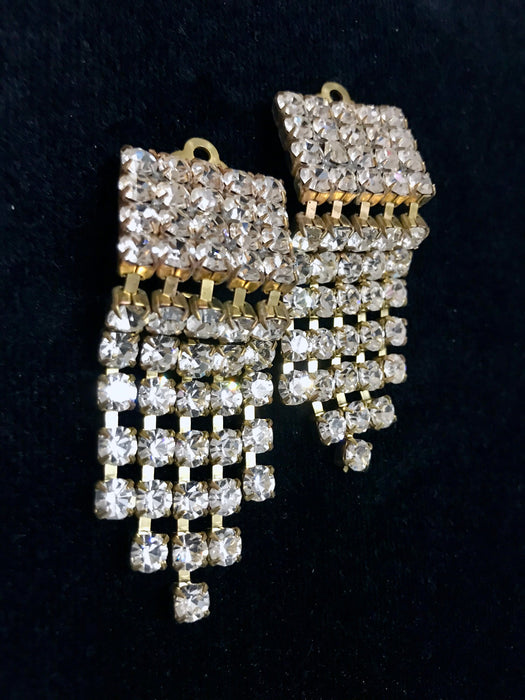 Art Deco Old Czech Glass Diamante Clear Earrings, Bridal Dangle Drop Crystal Rhinestone Chandelier Clip On Mardi Gras Carnival Gift Earrings