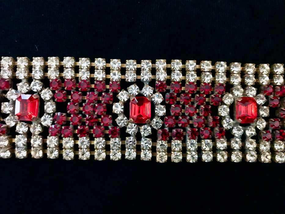 Art Deco Style Crystal Garnet Glass Bracelet, Old Czech Wedding Dazzling Diamante Link Bracelet, Red Evening Party Panel Gift Ball Bracelet