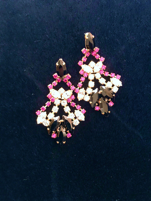 Art Deco Old Czech Black Glass Earrings, Dangle Drop Crystal Red Pink Rhinestone Chandelier Puzett Wedding Bridal Prom Carnival Earrings