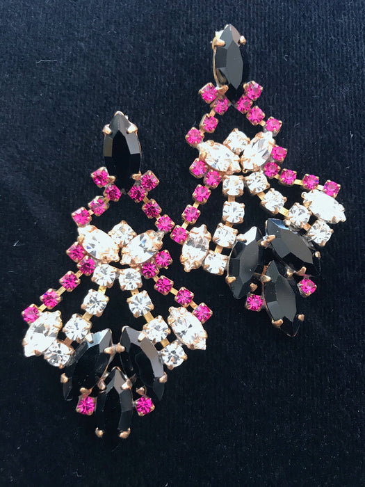 Art Deco Old Czech Black Glass Earrings, Dangle Drop Crystal Red Pink Rhinestone Chandelier Puzett Wedding Bridal Prom Carnival Earrings