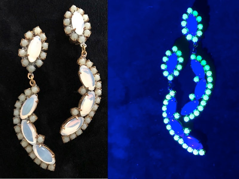 VASELINE URANIUM Glass Art Deco Old Czech Satin Moon Glass Earrings, Crescent Moon Dangle Drop Rhinestones Chandelier Clip On Gift Earrings