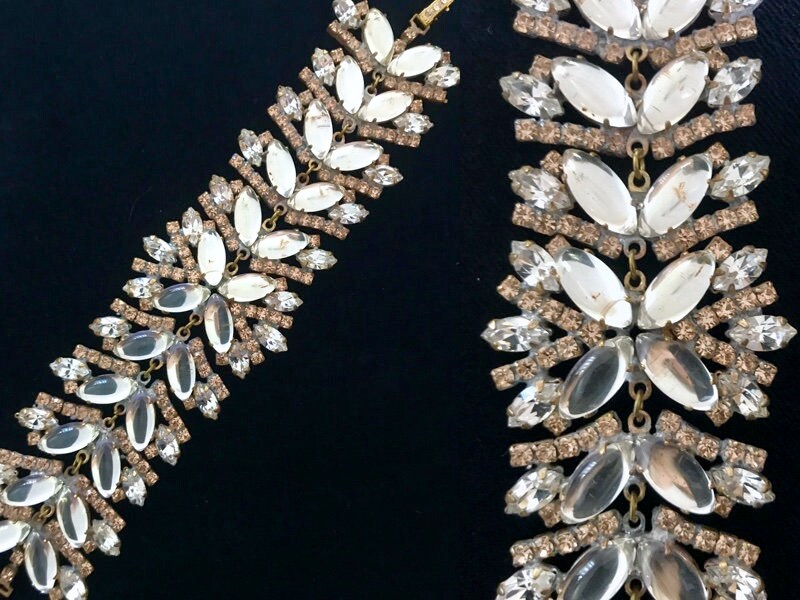 Art Deco Style WIDE Crystal Glass Bracelet, Old Czech Wedding Dazzling Diamante Link Bracelet, Bridal Evening Party Panel Gift Bracelet