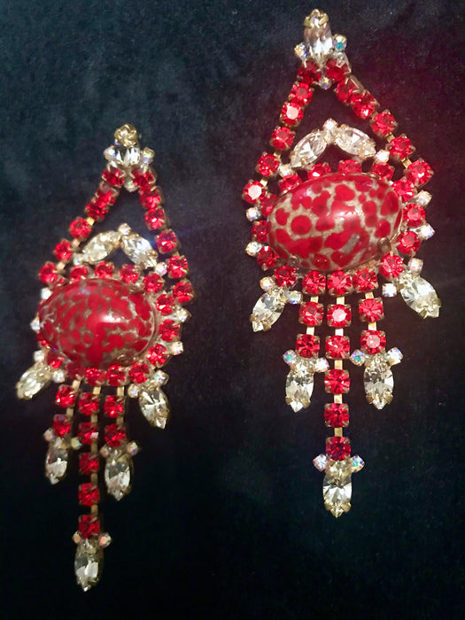 Art Deco Old Czech Red Dragons Egg Glass Earrings, Xmas Prom Dangle Drop Domed Cabochon Rhinestone Chandelier Carnival Gift Puzett Earrings
