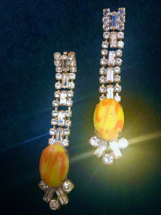 20s Style Old Czech Glass Yellow & Clear Earrings, Jazz Age Dazzling Crystal Rhinestone Mardi Gras Carnival Xmas Gift Drop Puzett Earrings