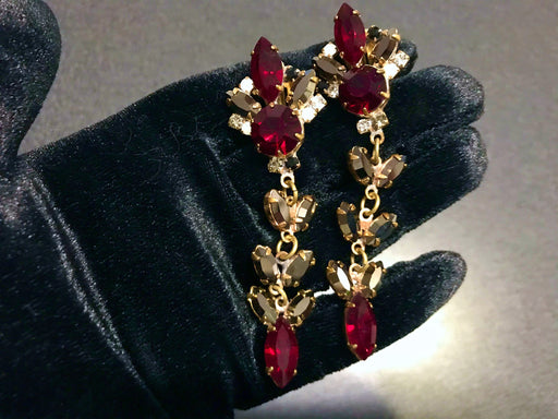 Art Nouveau Old Czech Glass Red & Black Sparkling Earrings, Xmas Mardi Gras Carnival Drop Chandelier Clip Gift Earrings, Prom Earrings