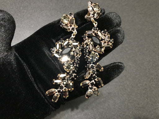 Art Nouveau Old Czech Glass Black Sparkling Earrings, Xmas Halloween Dangle Drop Aurora Borealis Covering Chandelier Clip Gift Earrings