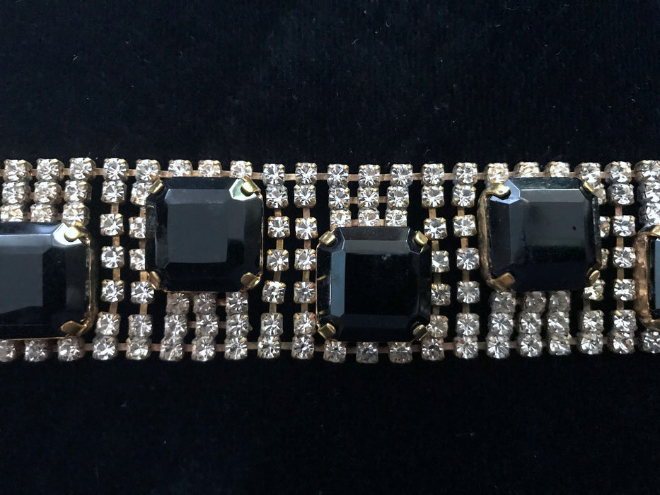 Art Deco Style Black & Crystal Glass Bracelet, Old Czech Wedding Link Bracelet, Bridal Evening Party Panel Gift Black Cabochon Bracelet