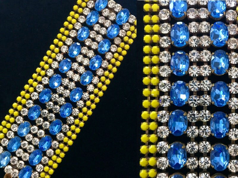 Art Deco Style EXTRA WIDE Crystal Glass Bracelet, Old Czech Sapphire Blue Yellow Stones Link Bracelet, Bridal Evening Party Panel Bracelet