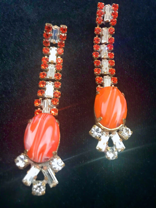 20s Style Old Czech Glass Orange Coral & Clear Earrings, Jazz Age Dazzling Crystal Rhinestone Carnival Xmas Gift Drop Gatsby Puzett Earrings