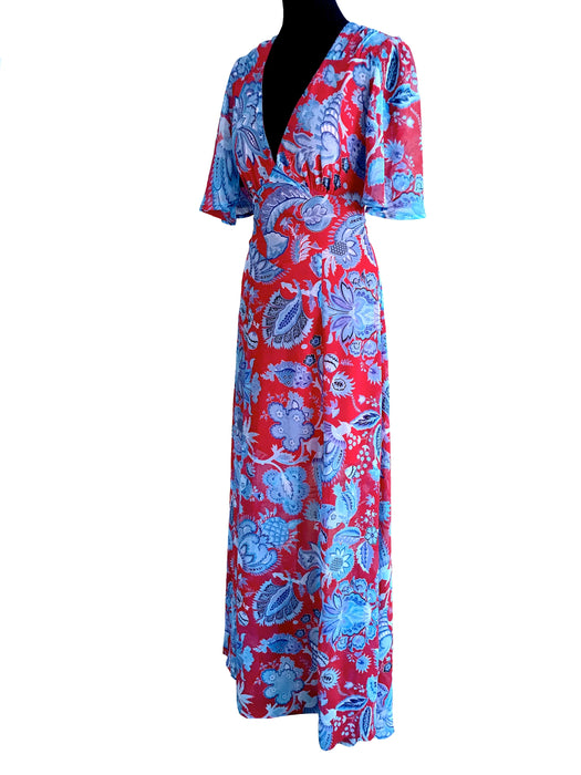 30s Style Chiffon Maxi Dress, Blue & Red Boho Hippie Floral Print Festival Dress, Summer Evening Occasion Cruise Prom Garden Party Dress S