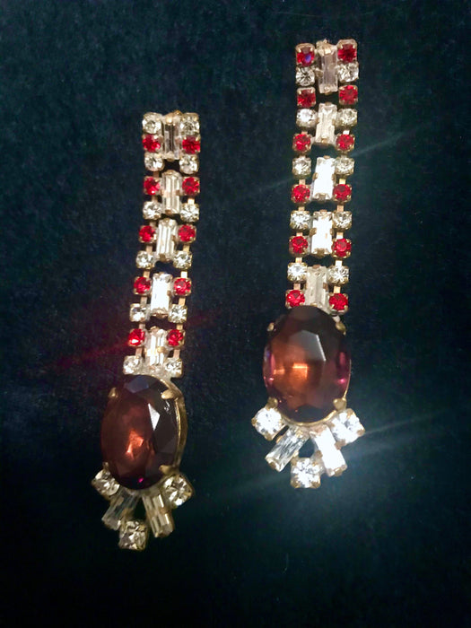 20s Style Old Czech Glass Purple Red & Clear Earrings, Jazz Age Dazzling Rhinestones Mardi Gras Carnival Xmas Gift Drop Puzett Earrings
