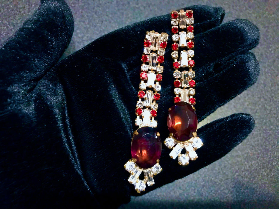 20s Style Old Czech Glass Purple Red & Clear Earrings, Jazz Age Dazzling Rhinestones Mardi Gras Carnival Xmas Gift Drop Puzett Earrings