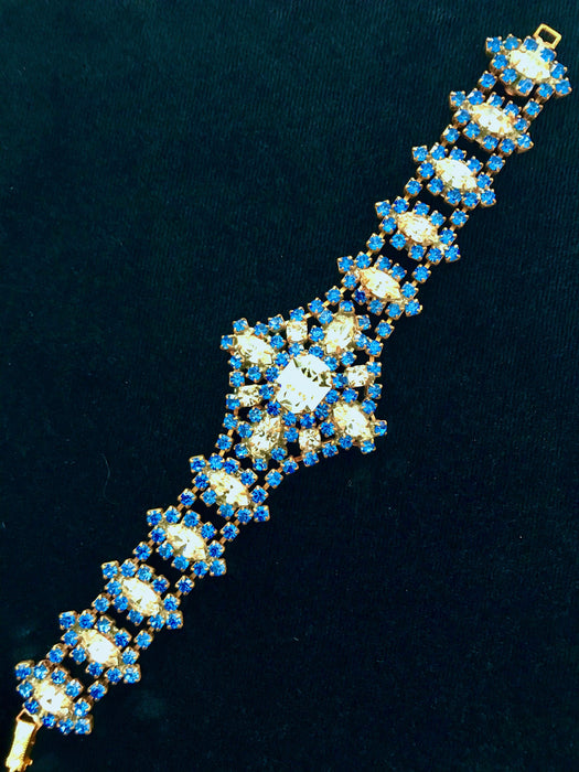 Art Deco Style Crystal Glass Bracelet, Old Czech Wedding Dazzling Blue Stones Link Bracelet, Xmas Bridal Evening Party Panel Gift Bracelet