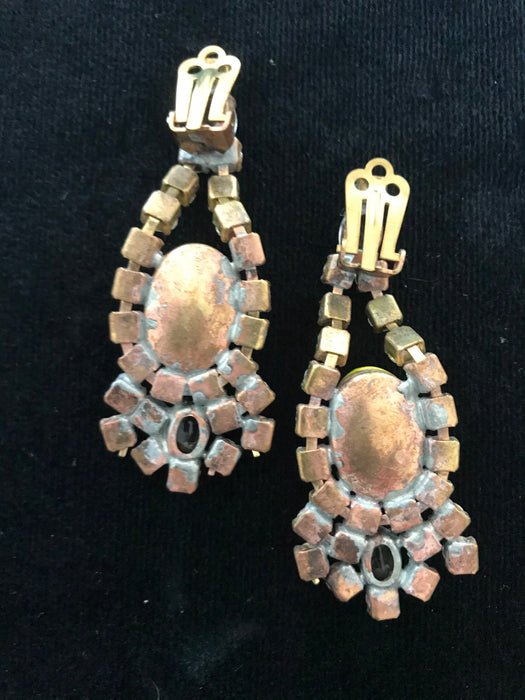 Art Deco Old Czech Crystal Glass Sunny Yellow Earrings, Xmas Prom Dangle Teardrop Rhinestone Chandelier Clip On Carnival Gift Clip Earrings